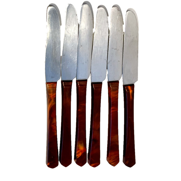 vintage Kaylan Stainless Steel Knives with turtoise shell Bakelite handles MCM - Picture 1 of 3